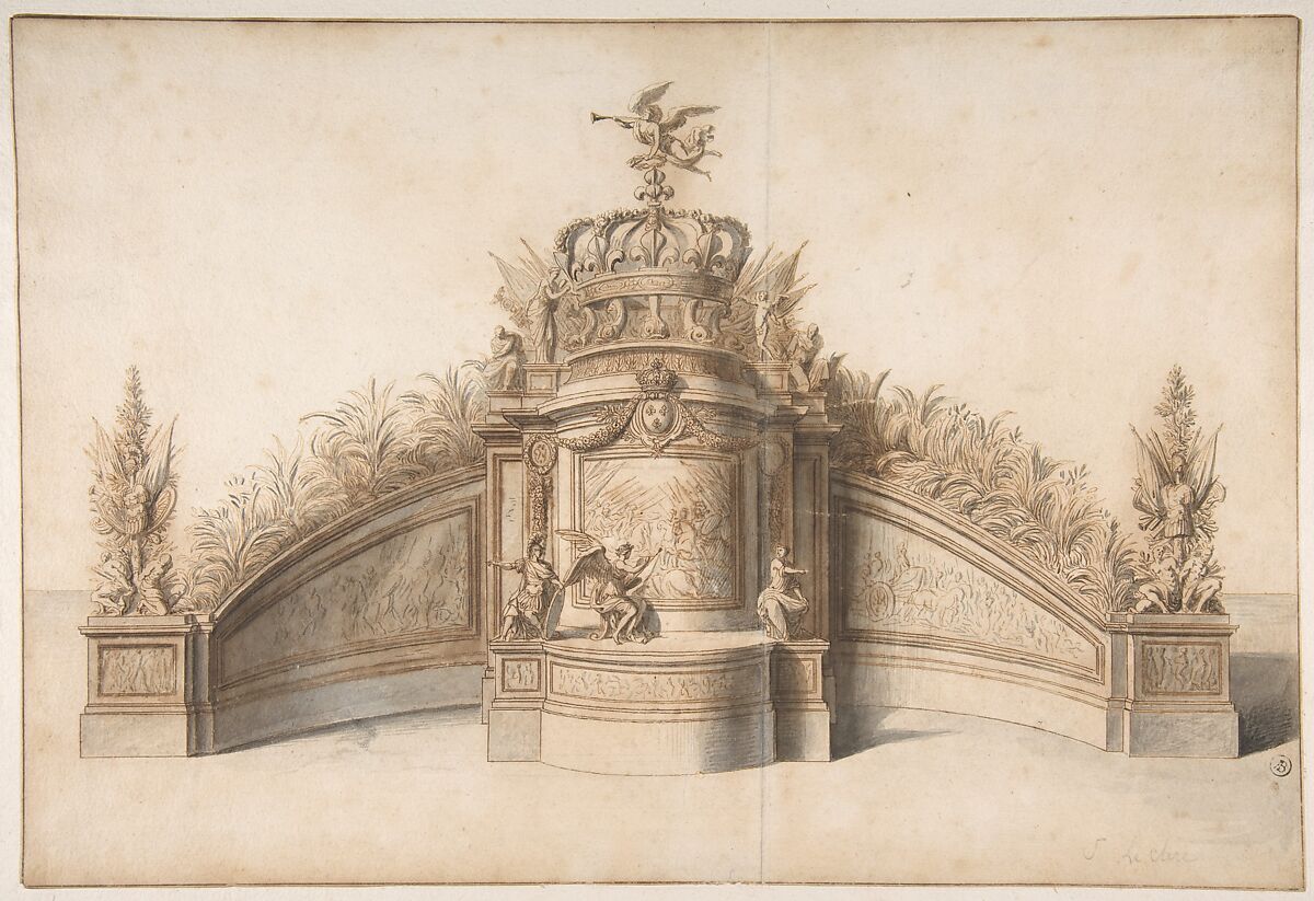 Design for Garden Architecture, Sébastien Leclerc I (French, Metz 1637–1714 Paris), Pen and brown and black ink, brush and gray wash, over traces of graphite; framing lines in pen and brown ink 