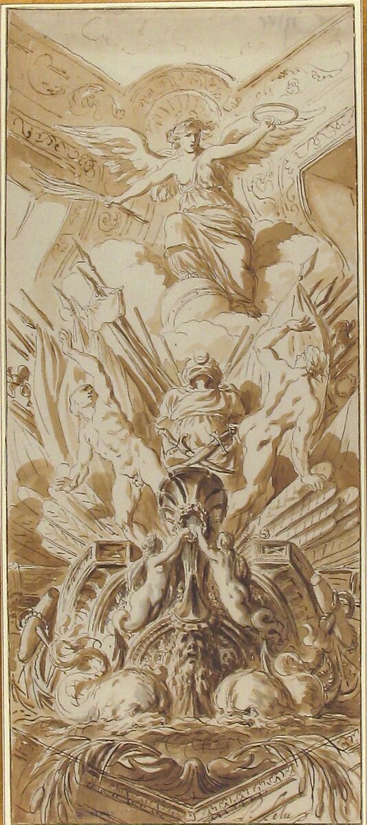 Corner of the Ambassador's Staircase at Versailles (recto); Sketches of Figures and Dolphins (verso), Pierre Lélu (French, Paris 1741–1810 Paris), Pen and brown ink, brush and brown wash with touches of gray wash over traces of black chalk (recto); black chalk (verso); framing lines in pen and brown ink