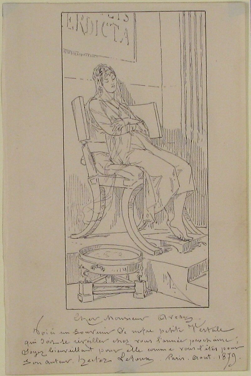 Vestal Maiden Asleep in a Chair, Louis-Hector Leroux (French, Verdun 1829–1900 Angers), Pen and black ink