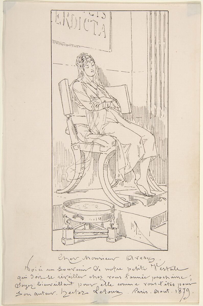 Vestal Maiden Asleep in a Chair, Louis-Hector Leroux (French, Verdun 1829–1900 Angers), Pen and black ink 