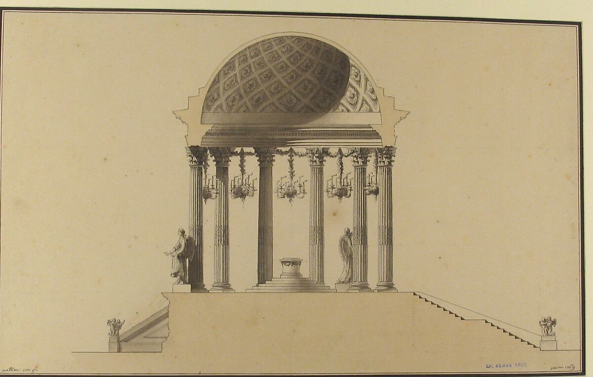 Design for a Section of a Domed Corinthian Temple, Pierre Mathieu (French, Dijon 1657–1719 Paris), Pen and black ink, brush and gray and beige wash, over graphite