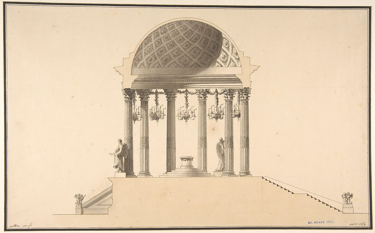 Design for a Section of a Domed Corinthian Temple, Pierre Mathieu (French, Dijon 1657–1719 Paris), Pen and black ink, brush and gray and beige wash over graphite underdrawing 
