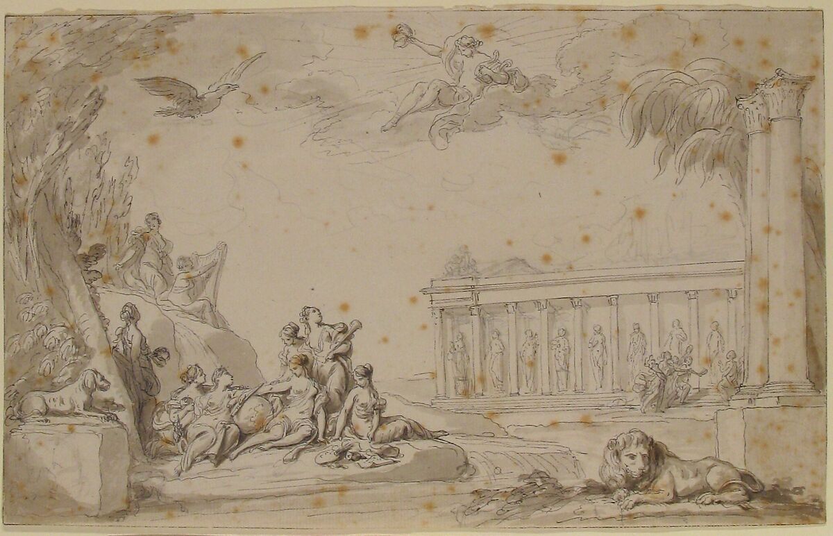 Temple of the Muses, Charles Monnet (French, Paris 1732–after 1808), Pen and black ink, brush and gray wash over graphite underdrawing 