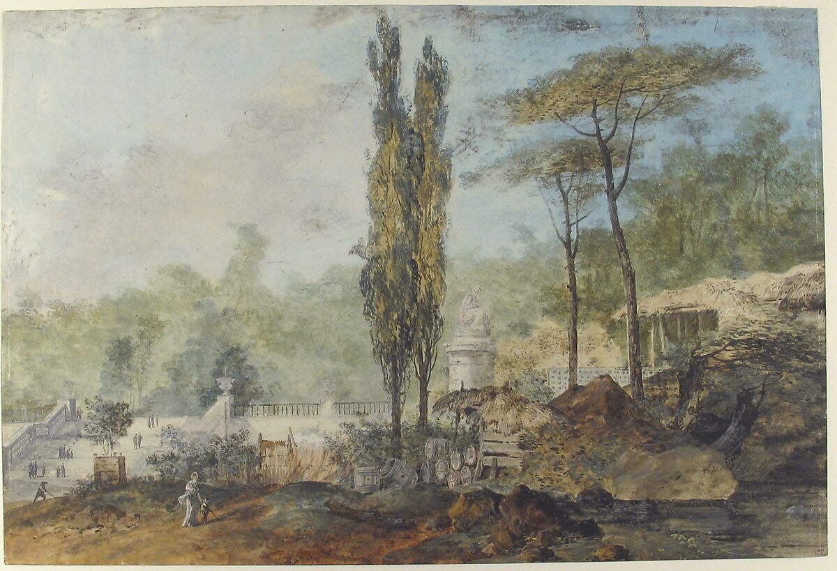 View of a Park, Louis Gabriel Moreau (French, Paris 1740–1806 Paris), Watercolor and gouache over traces of graphite.