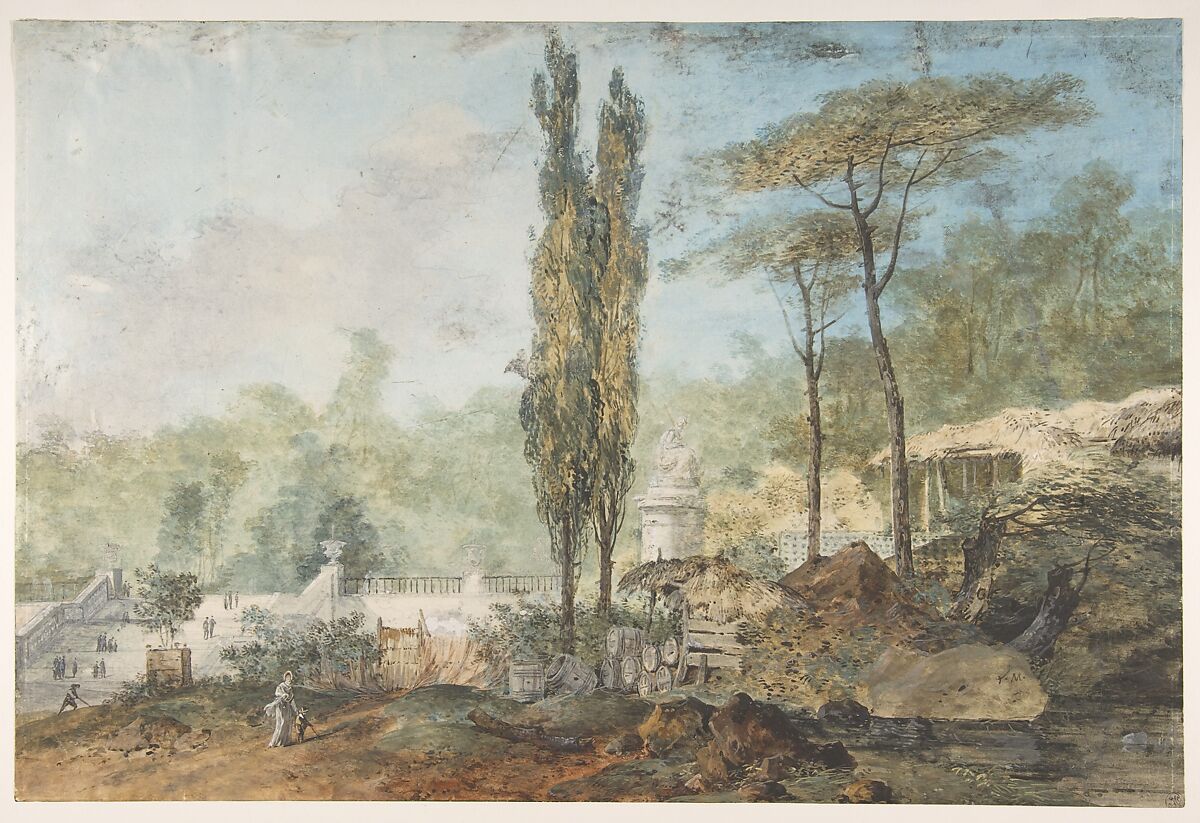 View of a Park, Louis Gabriel Moreau (French, Paris 1740–1806 Paris), Watercolor and gouache over traces of graphite. 