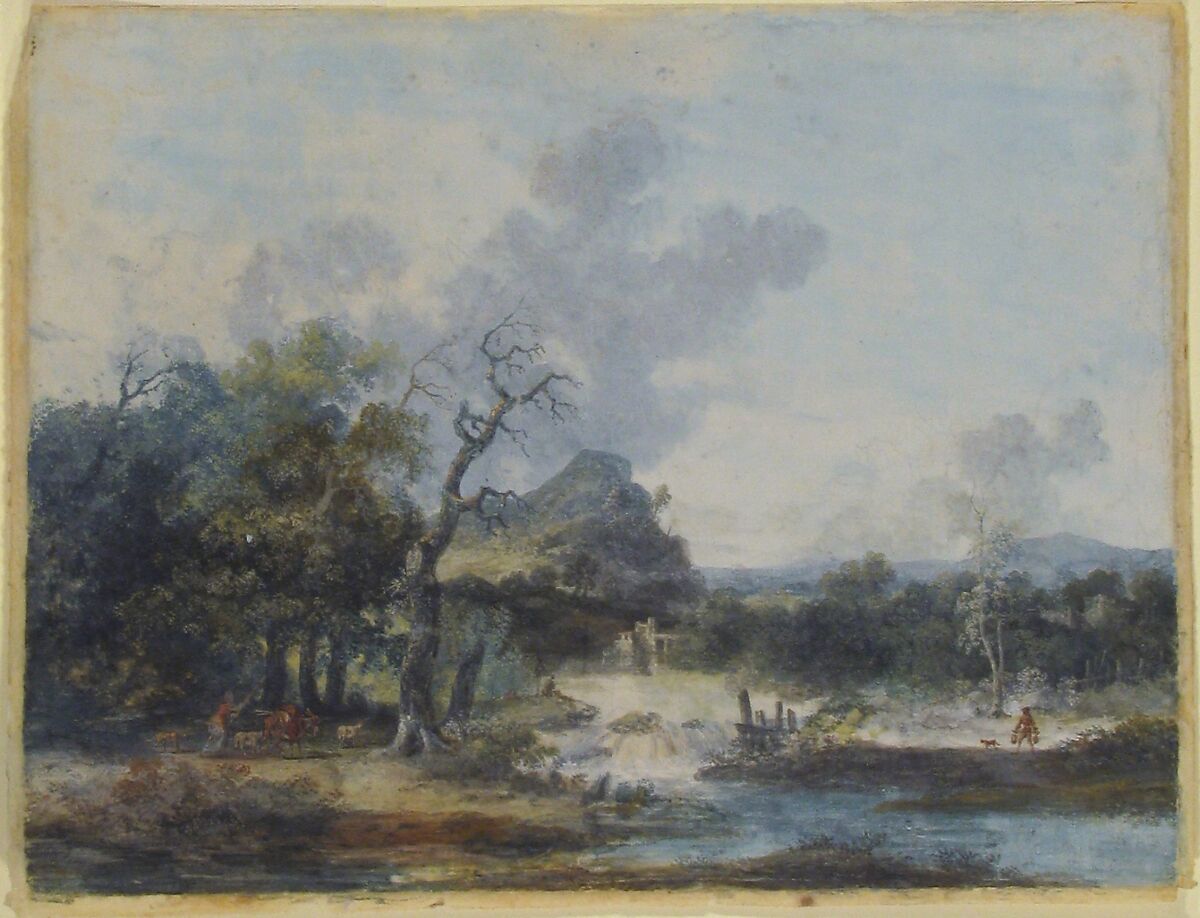 Shepherdess near a Waterfall, Louis Gabriel Moreau (French, Paris 1740–1806 Paris), Gouache, over traces of graphite