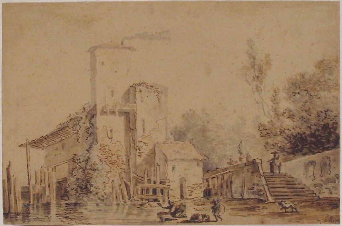 Farm House by a River with Figures, Louis Gabriel Moreau (French, Paris 1740–1806 Paris), Pen and brown ink, brush and watercolor, over black chalk.