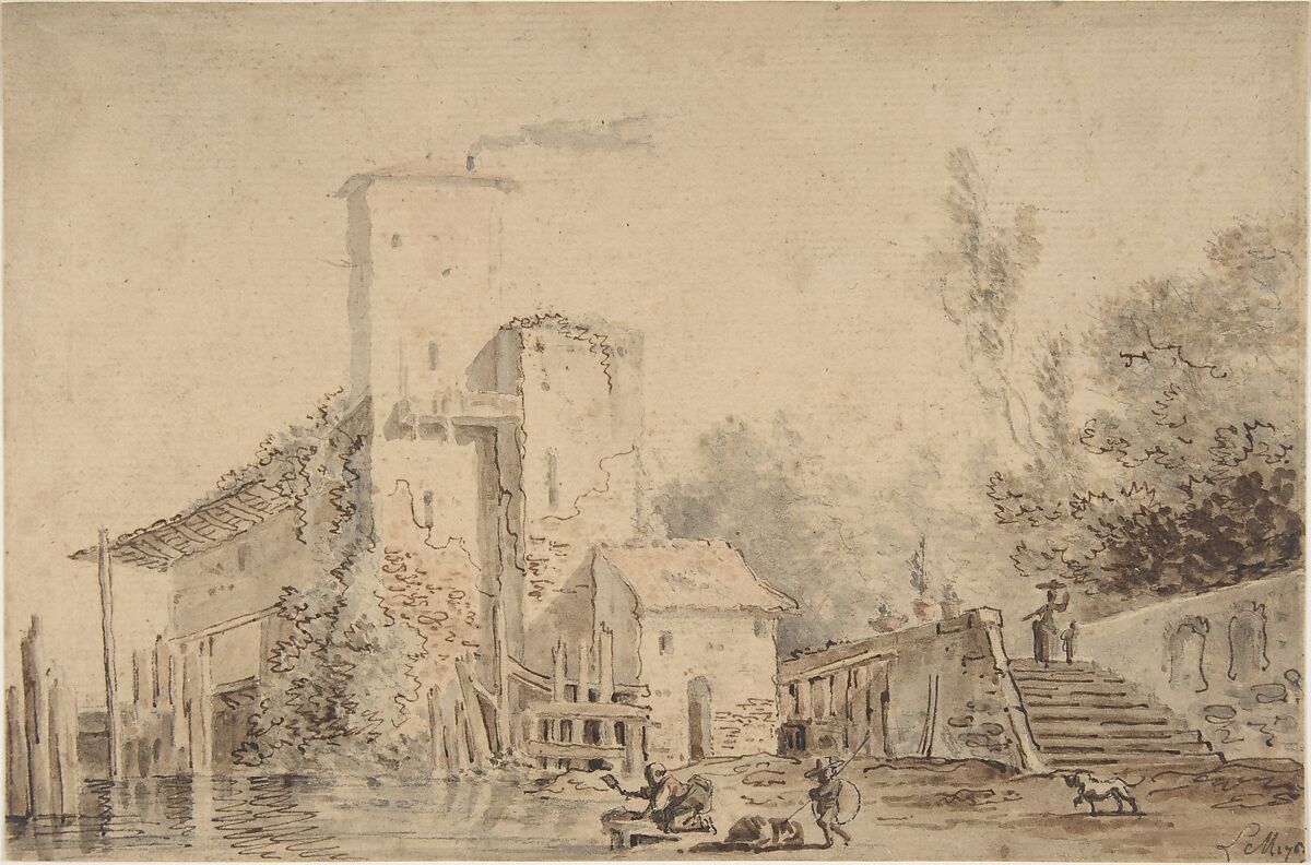 Farm House by a River with Figures, Louis Gabriel Moreau (French, Paris 1740–1806 Paris), Pen and brown ink, brush and watercolor, over black chalk. 