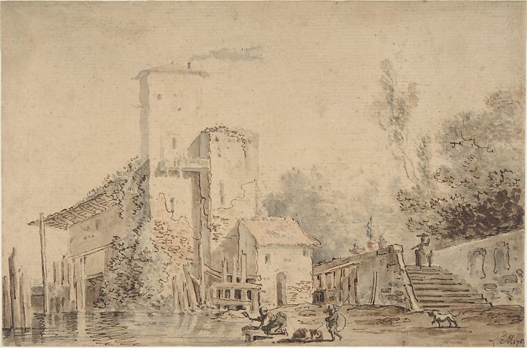 Farm House by a River with Figures