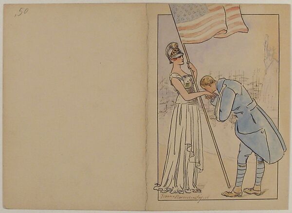 French Soldier Kissing the Hand of the Allegorical Figure of America, Yvonne Normandy (French), Pen and black ink, pen and brown ink, watercolor