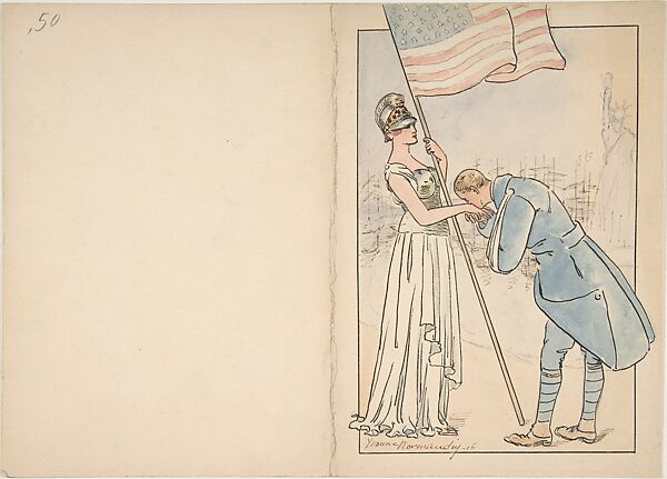 French Soldier Kissing the Hand of the Allegorical Figure of America, Yvonne Normandy (French), Pen and black ink, pen and brown ink, watercolor 