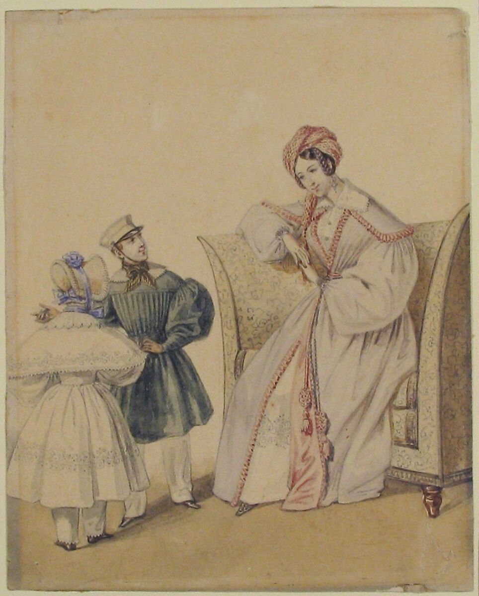 Fashion Drawing with a Woman Seated in a Chair with a Boy and Girl, Pierre-Numa Bassaget, called Numa (French, active 1830–54), Graphite and watercolor