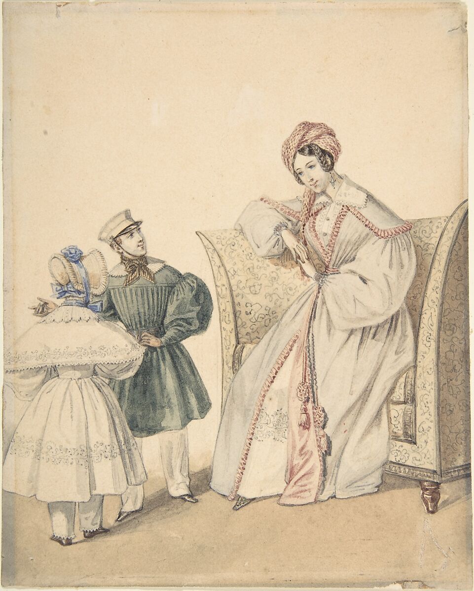 Fashion Drawing with a Woman Seated in a Chair with a Boy and Girl, Pierre-Numa Bassaget, called Numa (French, active 1830–54), Graphite and watercolor 