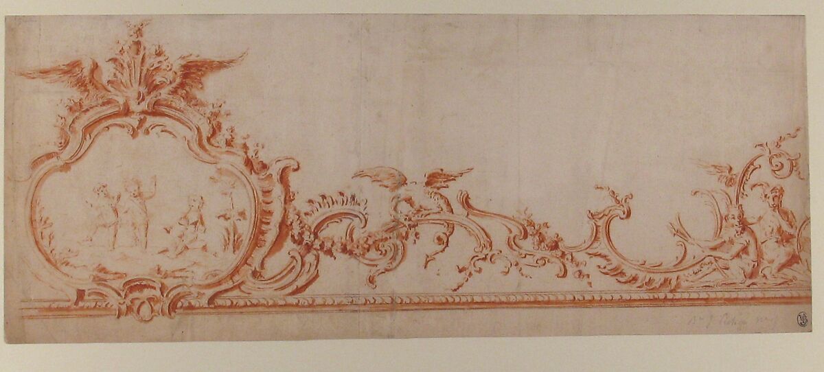 Design for Stucco Decorations with a Cartouche at Left, Attributed to Gilles-Marie Oppenord (French, Paris 1672–1742 Paris), Red chalk and red chalk wash over graphite underdrawing