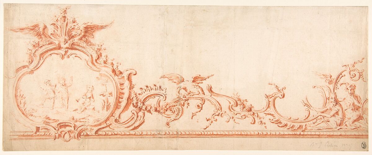 Design for Stucco Decorations with a Cartouche at Left, Attributed to Gilles-Marie Oppenord (French, Paris 1672–1742 Paris), Red chalk and red chalk wash over graphite underdrawing 