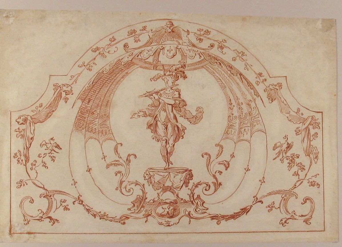 Design for a Decorative Panel with a Flutist (recto); Design for molding (verso), Gilles-Marie Oppenord (French, Paris 1672–1742 Paris), Red chalk (recto); black chalk (verso)