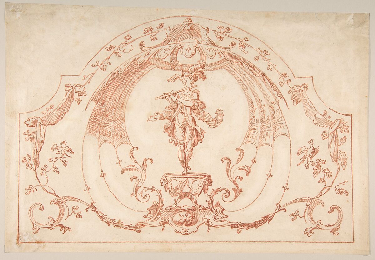 Design for a Decorative Panel with a Flutist (recto); Design for molding (verso), Gilles-Marie Oppenord (French, Paris 1672–1742 Paris), Red chalk (recto); black chalk (verso) 
