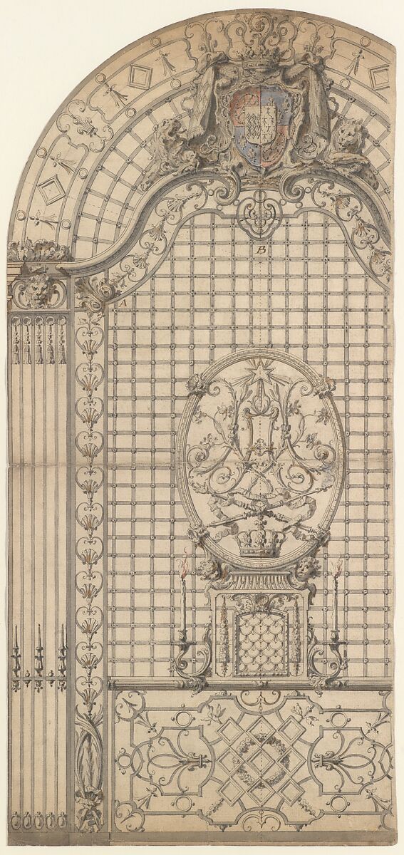 Design for the Wrought-Iron Entrance Grille of a Chapel, Gilles-Marie Oppenord (French, Paris 1672–1742 Paris), Pen and gray ink, brush and gray, brown, red, and blue wash 