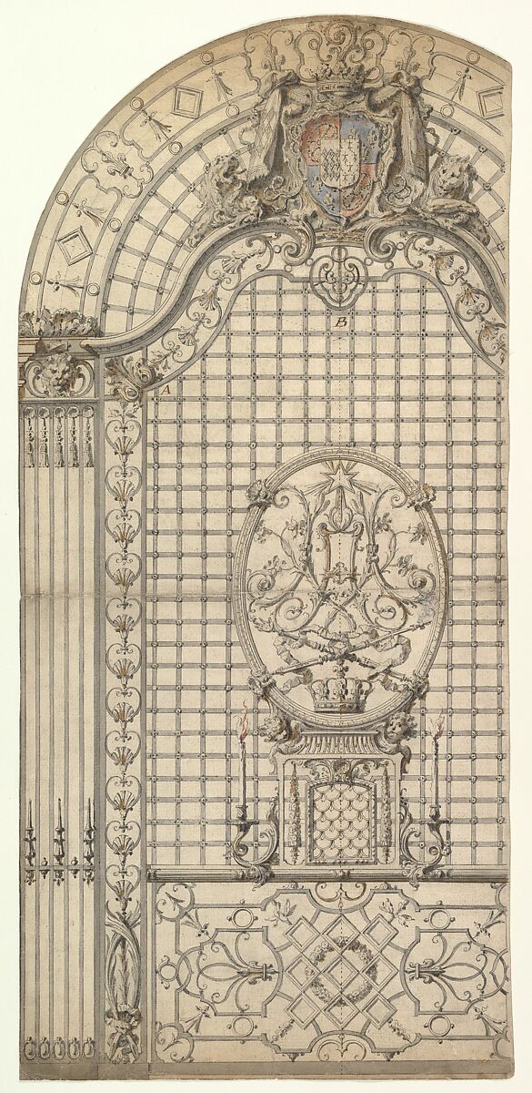 Design for the Wrought-Iron Entrance Grille of a Chapel, Gilles-Marie Oppenord (French, Paris 1672–1742 Paris), Pen and gray ink, brush and gray, brown, red, and blue wash