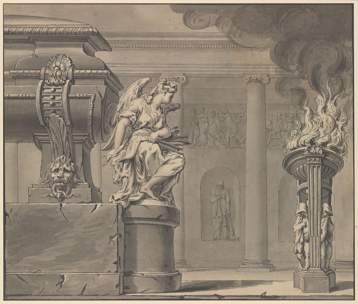 Classical Scene with a Tomb and Flaming Brazier, Gilles-Marie Oppenord (French, Paris 1672–1742 Paris), Pen and black and gray ink, brush and black and gray wash, over traces of graphite underdrawing; framing lines in pen and black ink