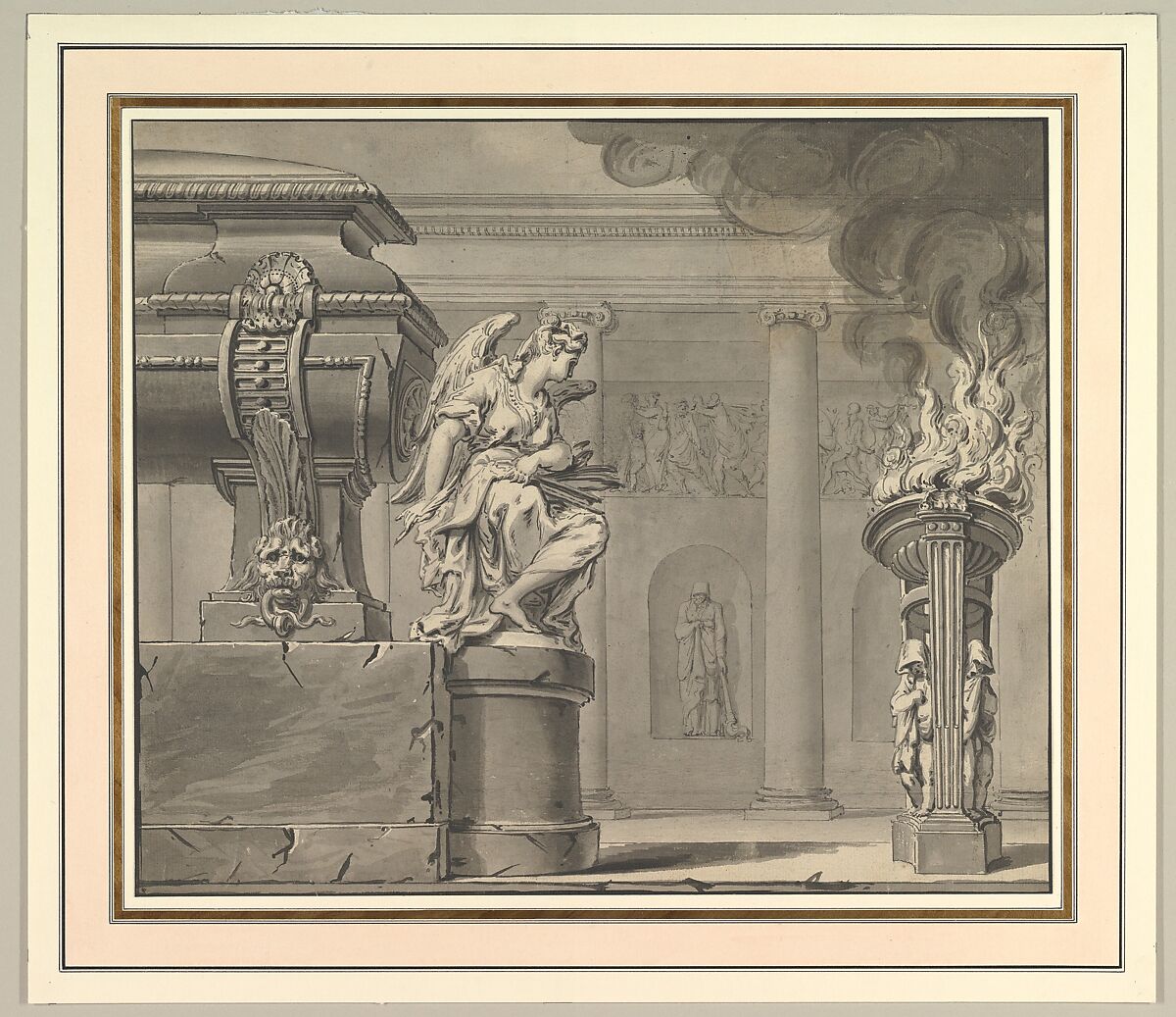 Classical Scene with a Tomb and Flaming Brazier, Gilles-Marie Oppenord (French, Paris 1672–1742 Paris), Pen and black and gray ink, brush and black and gray wash, over traces of graphite underdrawing, with framing lines in pen and black ink 