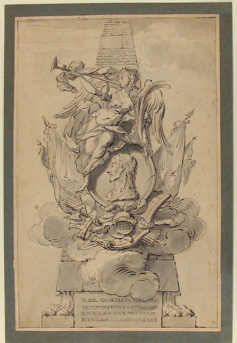 Design for a Monument to a Military Leader, Gilles-Marie Oppenord (French, Paris 1672–1742 Paris), Pen and dark brown ink, brush and gray wash. Framing lines in pen and gray and brown ink