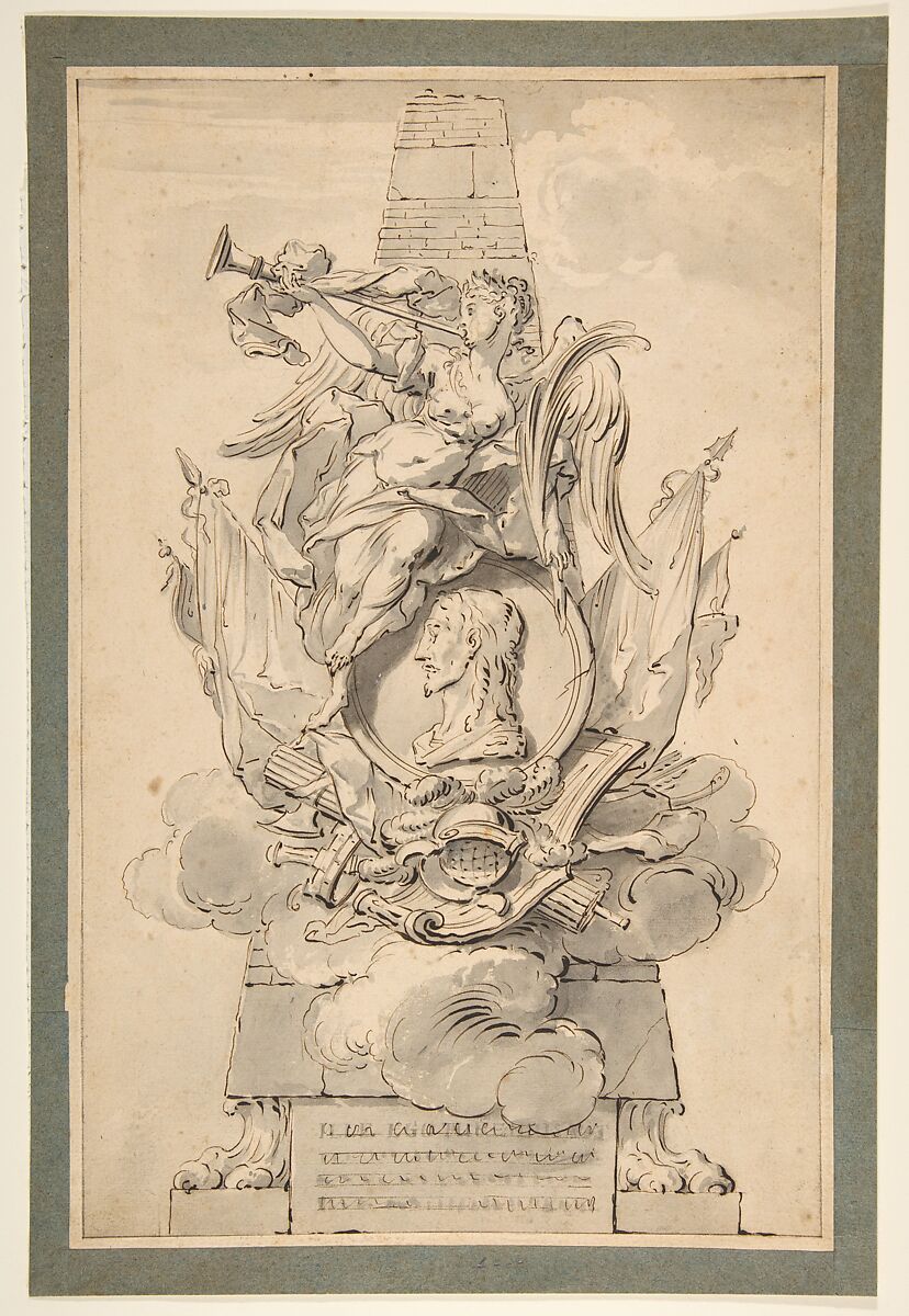 Design for a Monument to a Military Leader, Gilles-Marie Oppenord (French, Paris 1672–1742 Paris), Pen and dark brown ink, brush and gray wash. Framing lines in pen and gray and brown ink 