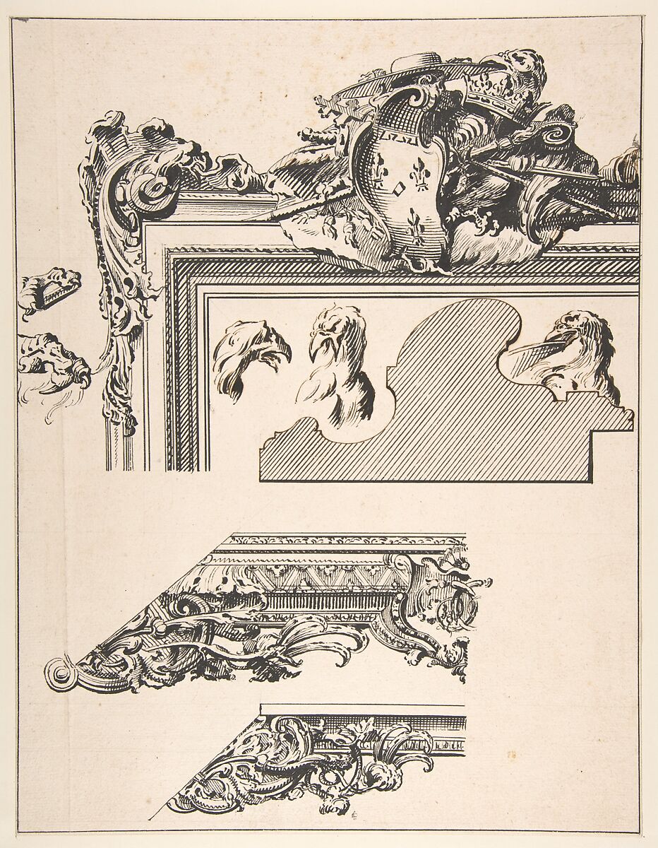 Designs for a Picture Frame, Gilles-Marie Oppenord (French, Paris 1672–1742 Paris), Pen and brown ink over traces of black chalk 