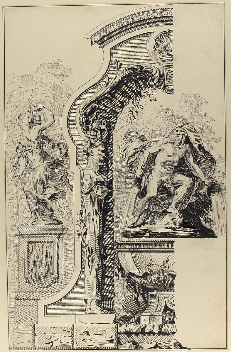 Study for a Garden Capriccio, Workshop of Gilles-Marie Oppenord (French, Paris 1672–1742 Paris), Pen and black ink, over traces of graphite; framing lines in pen and black ink