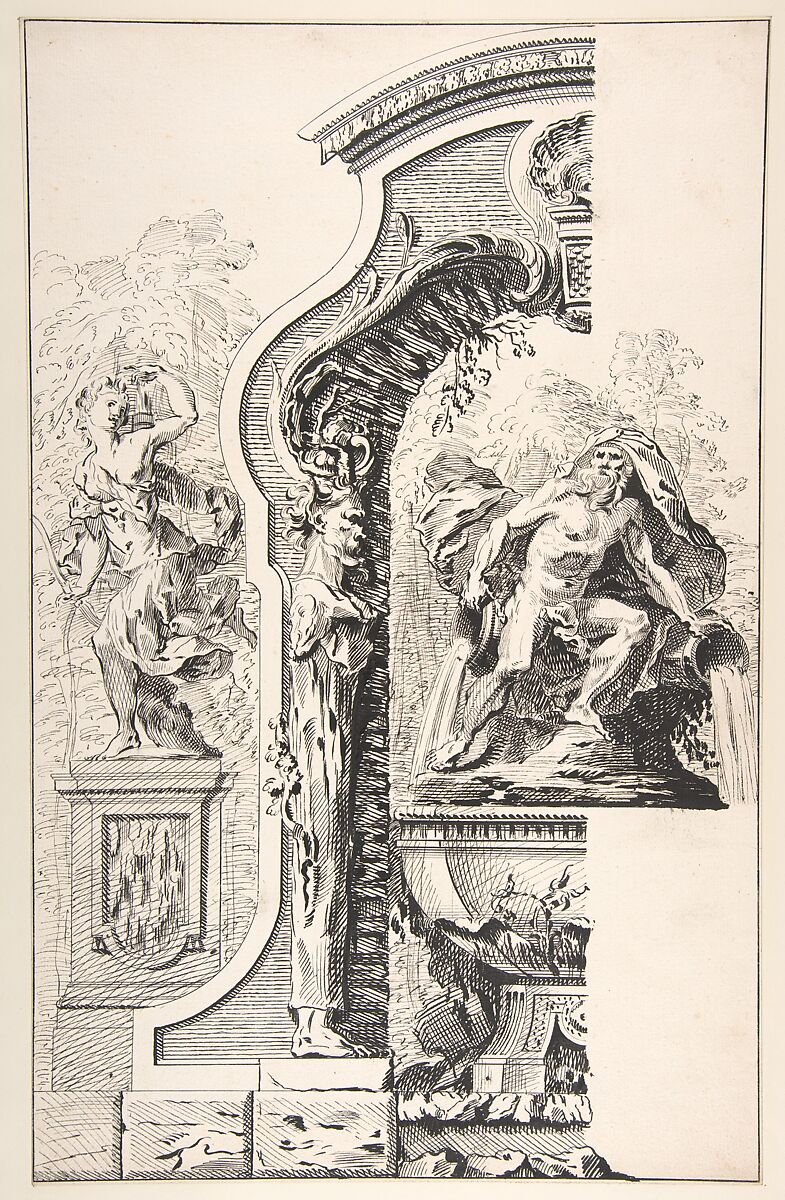 Study for a Garden Capriccio, Workshop of Gilles-Marie Oppenord (French, Paris 1672–1742 Paris), Pen and black ink, over traces of graphite; framing lines in pen and black ink 