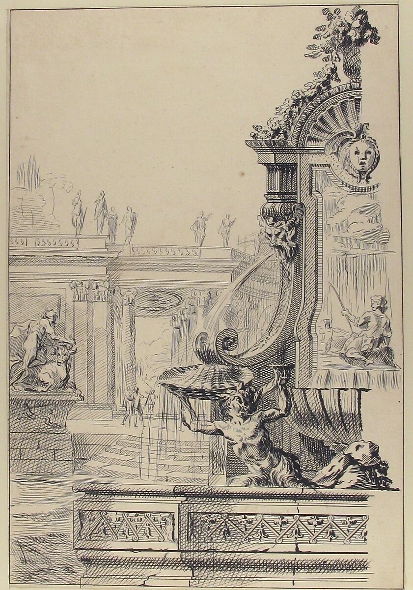 Design for a Garden Capriccio, Workshop of Gilles-Marie Oppenord (French, Paris 1672–1742 Paris), Pen and black ink, with graphite underdrawing; framing lines in pen and black ink