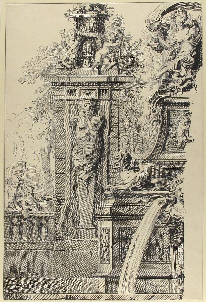 Study for a Garden Capriccio, Workshop of Gilles-Marie Oppenord (French, Paris 1672–1742 Paris), Pen and black ink, over traces of graphite underdrawing; framing lines in pen and black ink