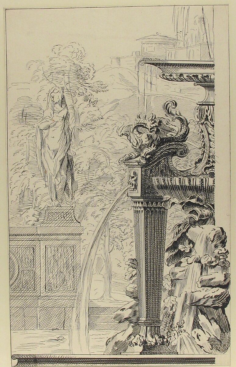 Study for a Garden Capriccio, Workshop of Gilles-Marie Oppenord (French, Paris 1672–1742 Paris), Pen and black ink, over graphite underdrawing; framing lines in pen and black ink