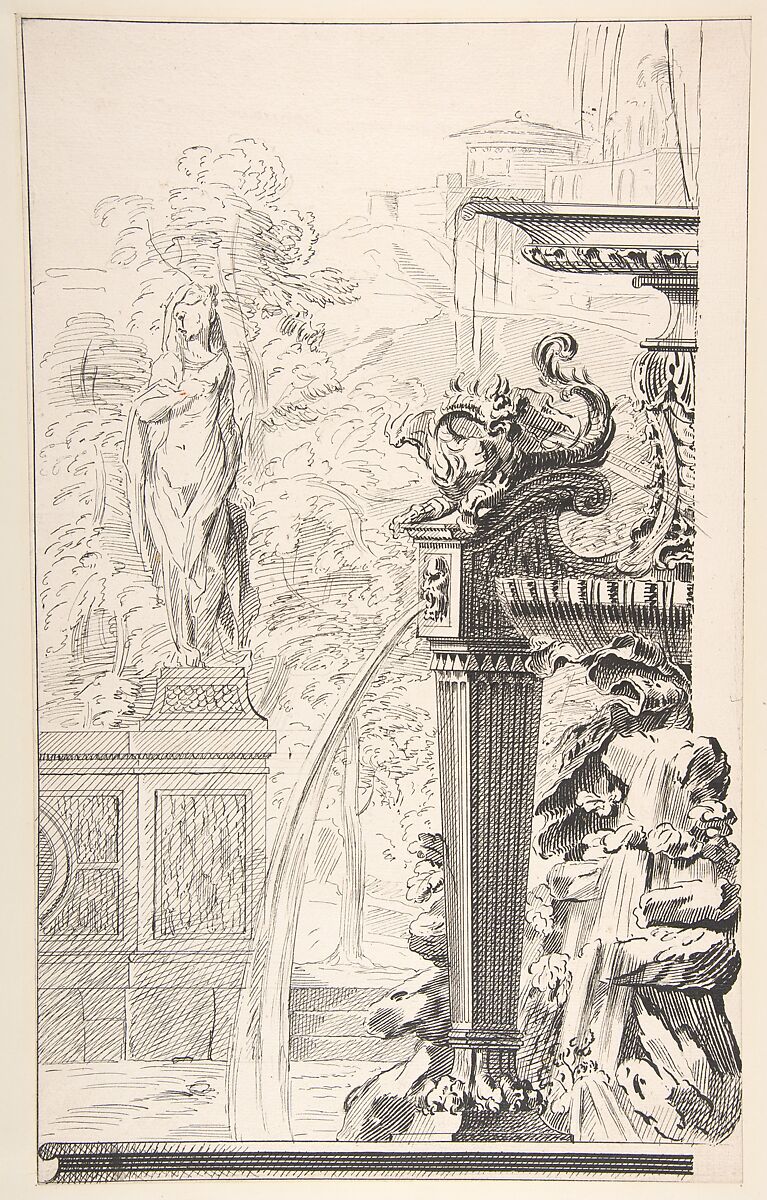 Study for a Garden Capriccio, Workshop of Gilles-Marie Oppenord (French, Paris 1672–1742 Paris), Pen and black ink, over graphite underdrawing; framing lines in pen and black ink 