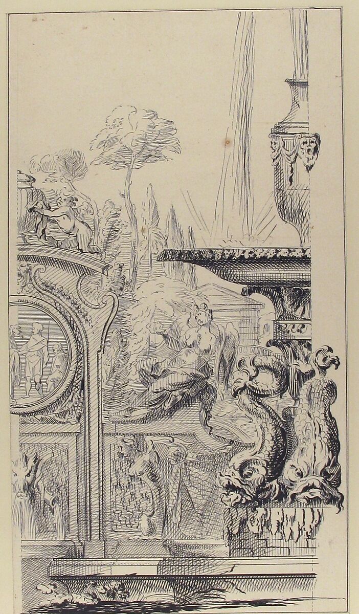 Study for a Garden Capriccio, Workshop of Gilles-Marie Oppenord (French, Paris 1672–1742 Paris), Pen and black ink, over traces of graphite; framing lines in pen and black ink