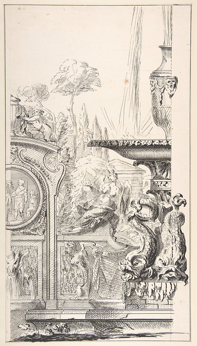 Study for a Garden Capriccio, Workshop of Gilles-Marie Oppenord (French, Paris 1672–1742 Paris), Pen and black ink, over traces of graphite; framing lines in pen and black ink 