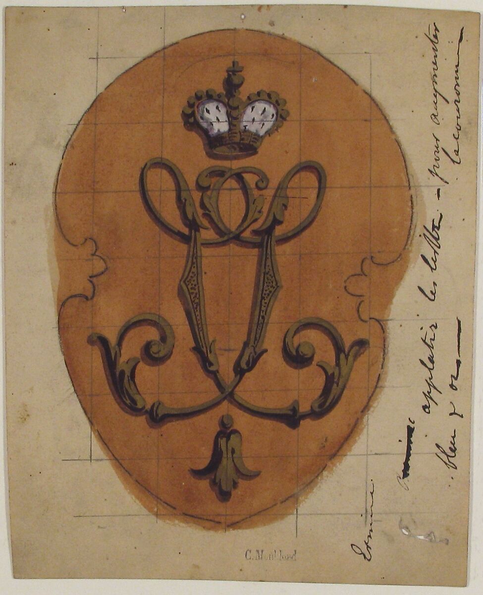 Design for a Monogram Surmounted by a Crown, Charles Monblond (French, 19th century), Pen and black ink