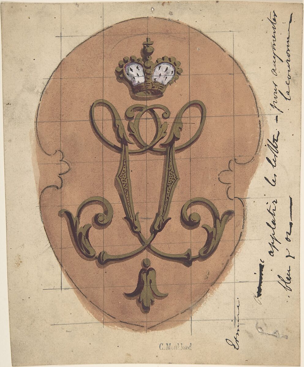 Design for a Monogram Surmounted by a Crown, Charles Monblond (French, 19th century), Pen and black ink 