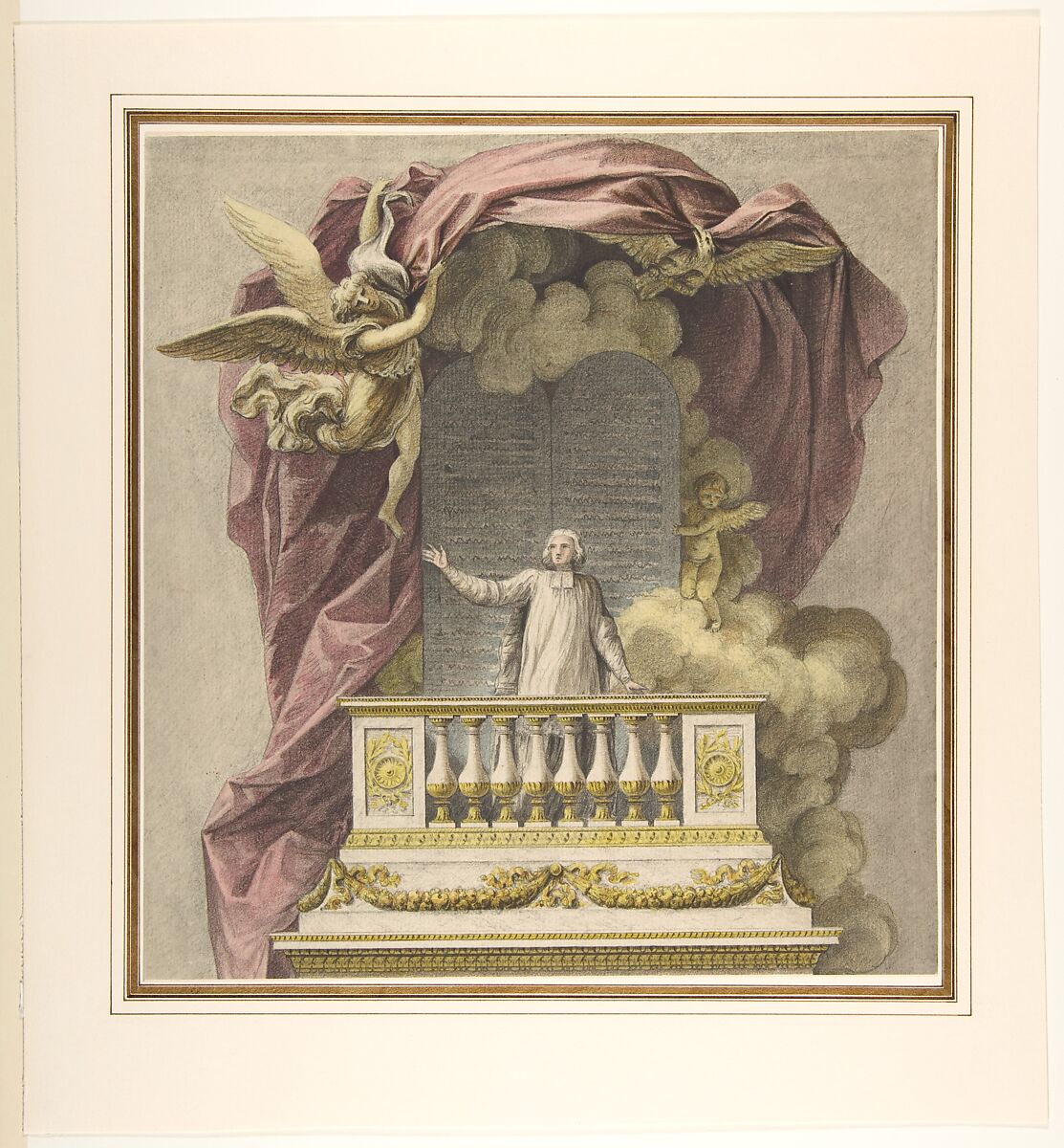 Design for a Pulpit, Attributed to Augustin Pajou (French, Paris 1730–1809 Paris), Pen and black ink, black chalk, brush and pink and yellow wash, over graphite 