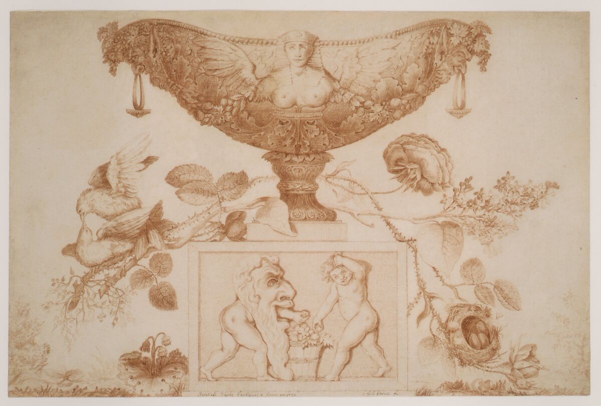 Wine Cooler or Vase on a Classical Pedestal, Aubert Henri Joseph Parent (French, Cambrai 1753–1835 Valenciennes), Red chalk over graphite underdrawing