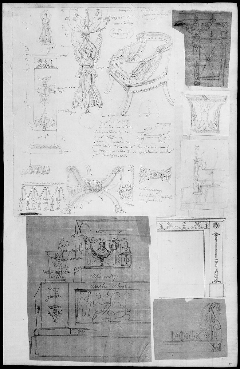 Scrapbook containing Drawings and Prints of Architecture, Interiors, Furniture and Other Objects, Attributed to André Marie Chatillon (French, Paris 1782–1859 Paris), Pen and black and gray ink, graphite, black chalk