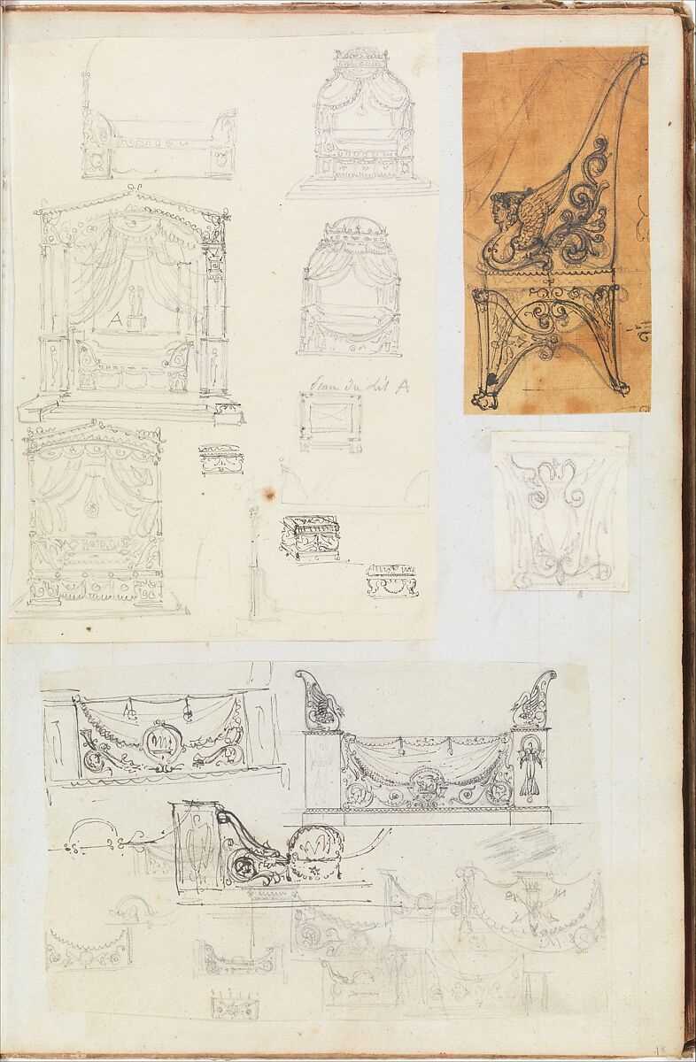 Scrapbook containing Drawings and Prints of Architecture, Interiors, Furniture and Other Objects, André Marie Chatillon  French, Pen and black and gray ink, graphite, black chalk