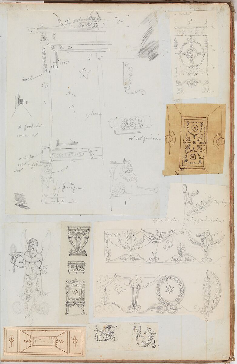 Scrapbook containing Drawings and Prints of Architecture, Interiors, Furniture and Other Objects, Attributed to André Marie Chatillon (French, Paris 1782–1859 Paris), Pen and black and gray ink, graphite, black chalk