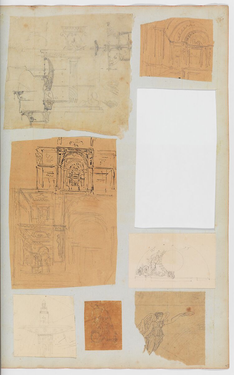 Scrapbook containing Drawings and Prints of Architecture, Interiors, Furniture and Other Objects, Attributed to André Marie Chatillon (French, Paris 1782–1859 Paris), Pen and black and gray ink, graphite, black chalk