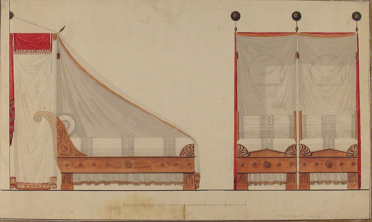 Design for a Bed and Canopy, Circle of Charles Percier (French, Paris 1764–1838 Paris), Pen and black and gray ink, brush and gray, orange, and red wash