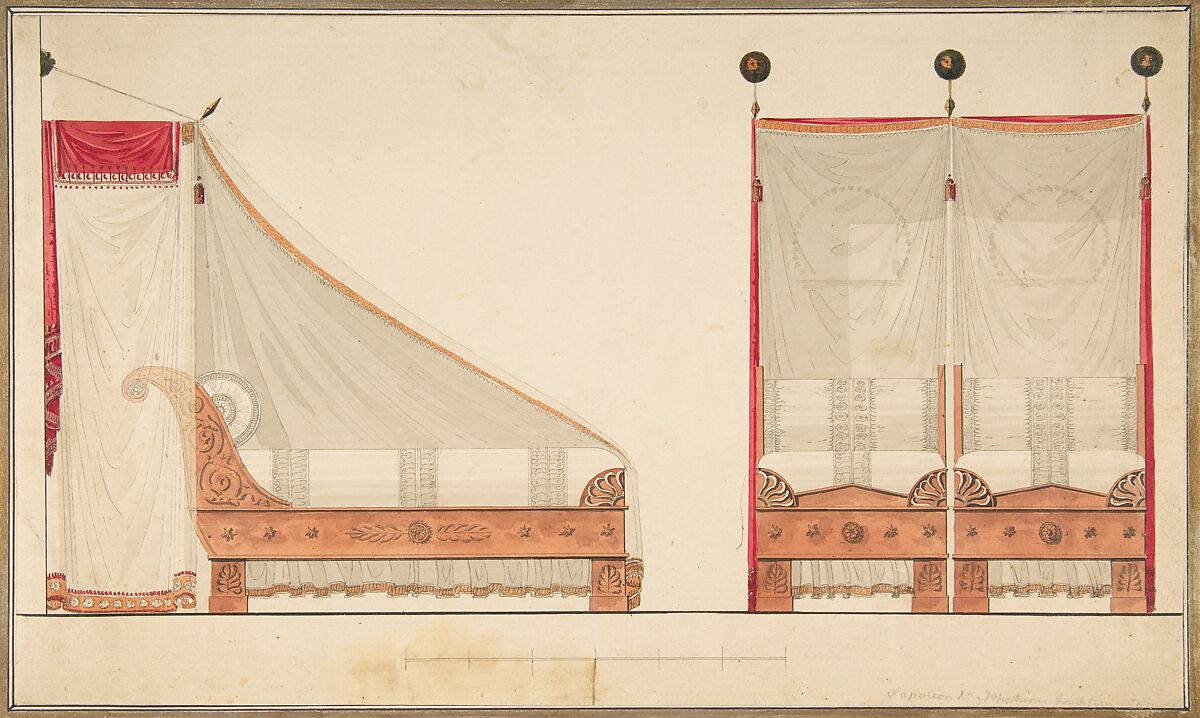 Design for a Bed and Canopy,18th Century-  Circle of Charles Percier (Français, Paris 1764–1838 Paris), Plume et encre noire et grise, pinceau et lavis gris, orange et rouge