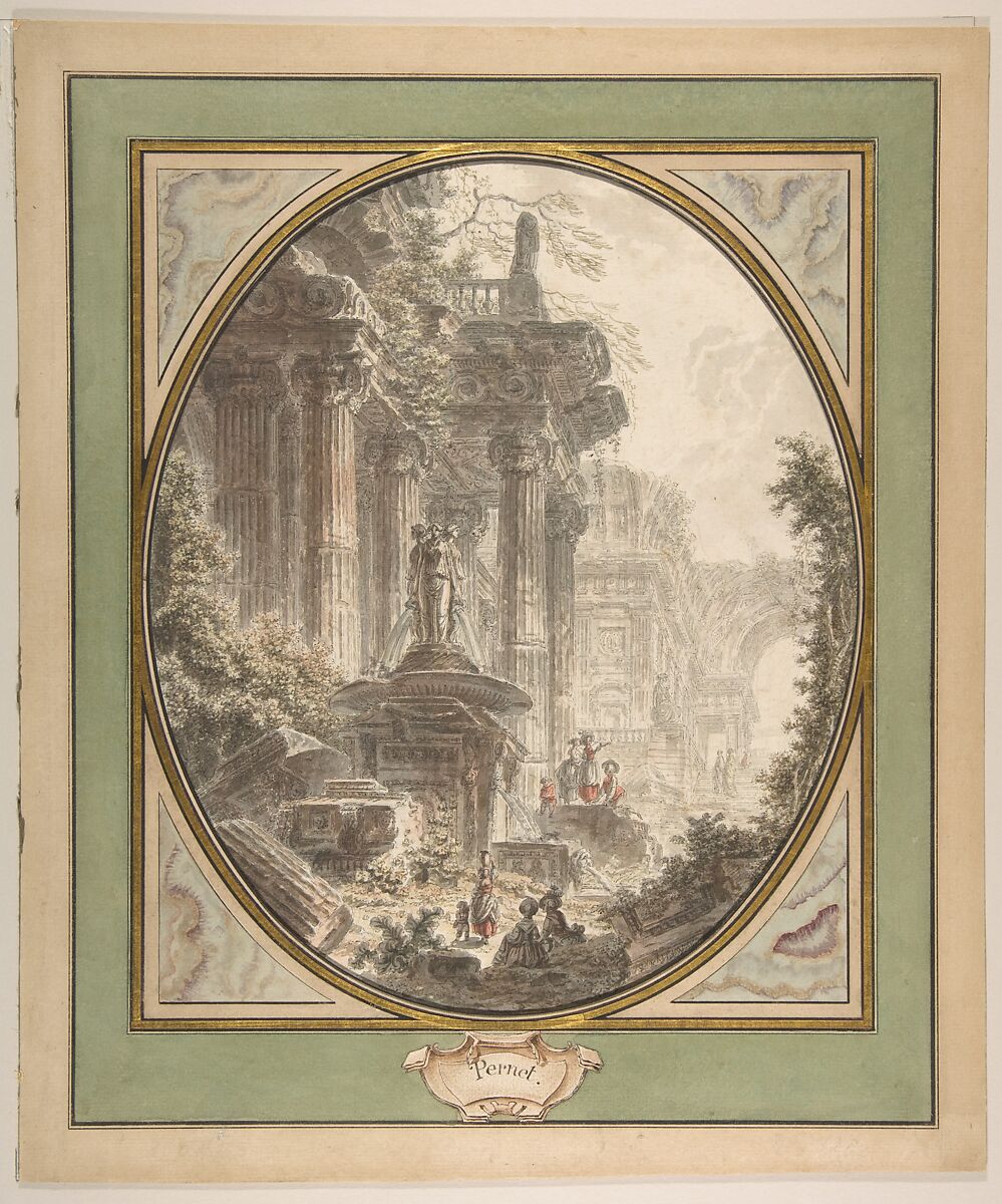 Architectural Capriccio, Jean Henri Alexandre Pernet (French, Paris 1763–after 1789), Pen and gray ink, brush and gray, brown, and colored wash 