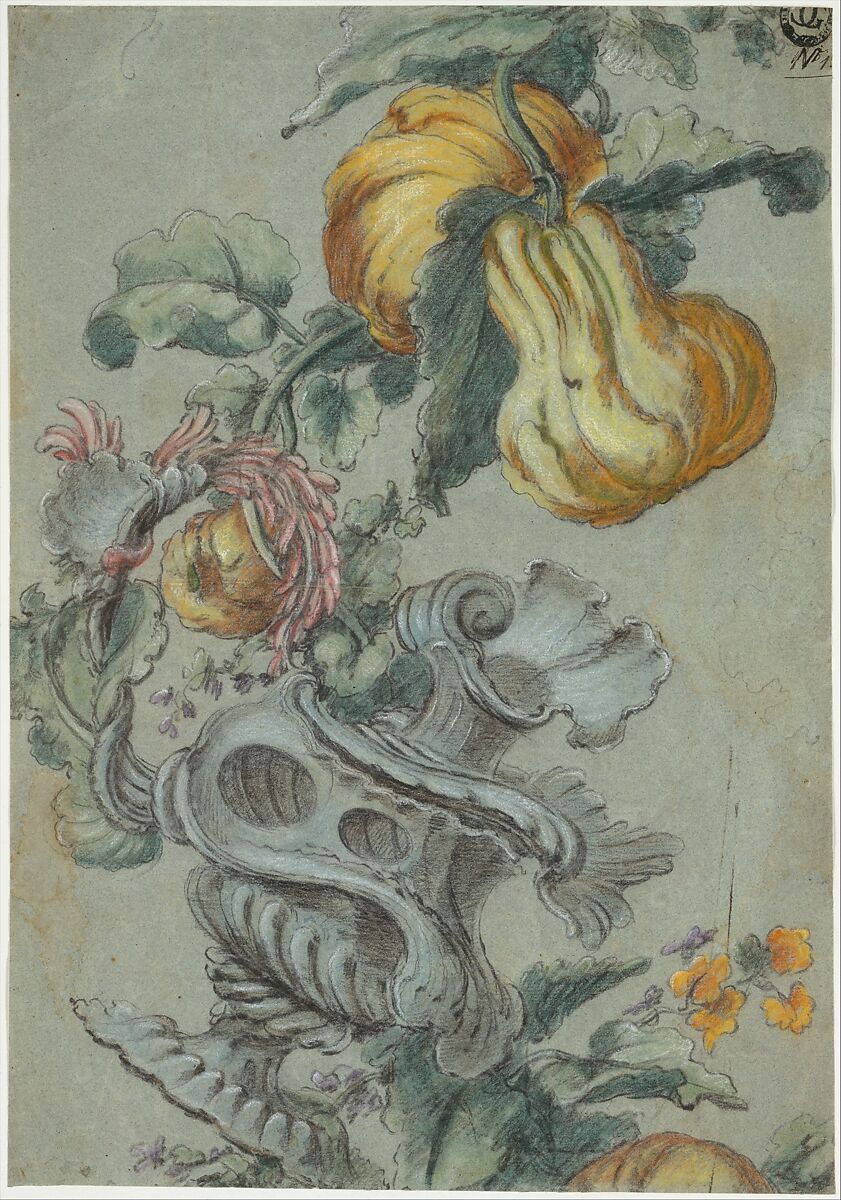 Ornamental Design with Fruit and Flowers (recto); Flower Stalk with Leaves (verso), Alexis Peyrotte (French, Mazan 1699–1769 Paris), Black chalk with pastel on blue paper (recto); black chalk (verso)