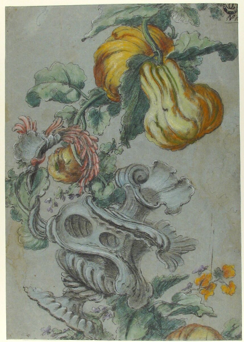 Ornamental Design with Fruit and Flowers (recto); Flower Stalk with Leaves (verso), Alexis Peyrotte (French, Mazan 1699–1769 Paris), Black chalk with pastel on blue paper (recto); black chalk (verso)