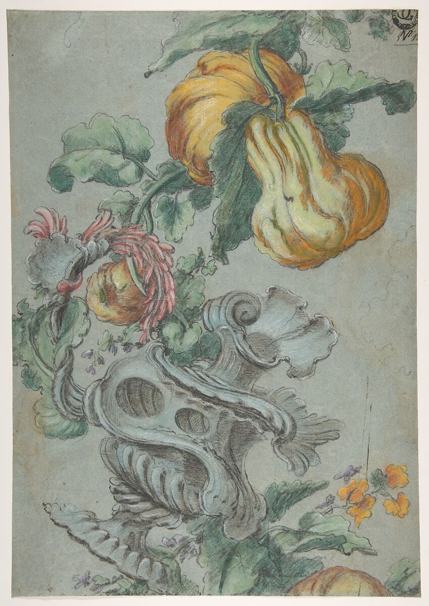 Ornamental Design with Fruit and Flowers (recto); Flower Stalk with Leaves (verso), Alexis Peyrotte (French, Mazan 1699–1769 Paris), Black chalk with pastel on blue paper (recto); black chalk (verso) 